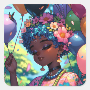 Söt Black Anime Girl med födelsedag Fyrkantigt Klistermärke