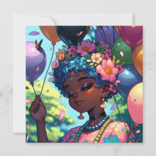 Söt Black Anime Girl med födelsedag Inbjudningar