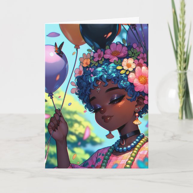 Söt Black Anime Girl med födelsedagsband Kort (Framsida)