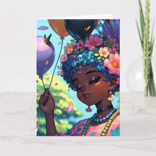 Söt Black Anime Girl med födelsedagsband Kort