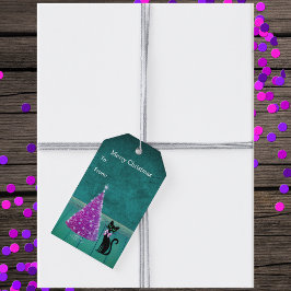 Söt Black Cat Bow Rosa Julgran Teal Presentetikett