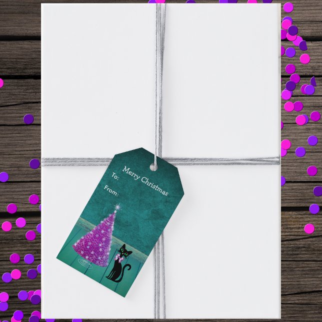 Söt Black Cat Bow Rosa Julgran Teal Presentetikett (Atomic black cat pink silver tree in teal colour room on Christmas hanging gift tags.)