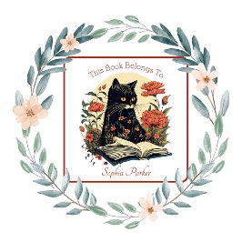 Söt Black Cat med Bok Blommigt-bokmärke Fyrkantigt Klistermärke