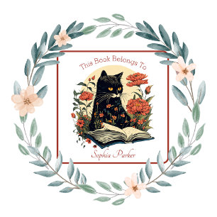 Söt Black Cat med Bok Blommigt-bokmärke Fyrkantigt Klistermärke
