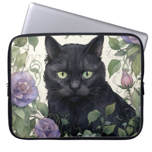 SÖT BLACK CAT, OMGIVEN AV VÄXTER OCH FLÖDEN LAPTOP FODRAL