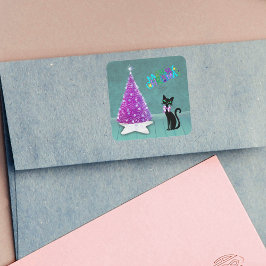 Söt Black Cat Rosa Bow Rosa Julgran Teal Fyrkantigt Klistermärke