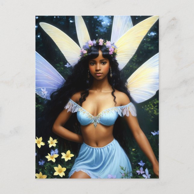 Söt Black Fairy Girl Melanin Magic Art Vykort (Framsida)