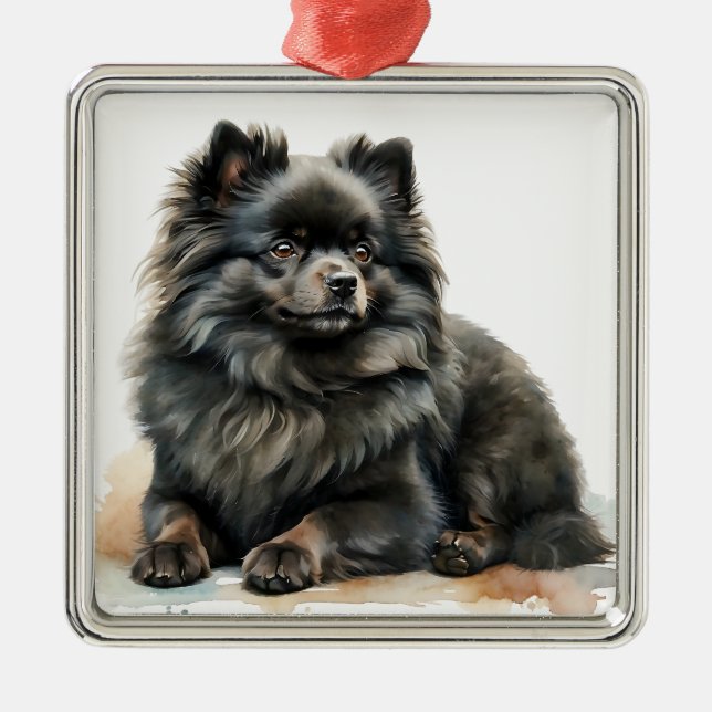 SÖT BLACK FLUFFY POMERANIAN PUPPY HUND JULGRANSPRYDNAD METALL (Framsidan)