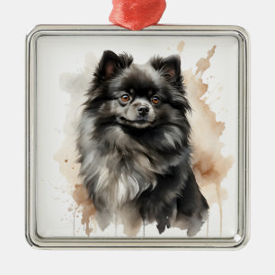 SÖT BLACK FLUFFY POMERANIAN PUPPY HUND JULGRANSPRYDNAD METALL