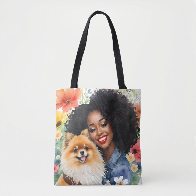 Söt Black Girl with Pommern Blommigt Art Tygkasse (Framsida)