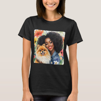 Söt Black Girl with Pommern Hund Blommigt T Shirt