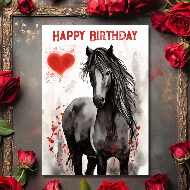 Söt Black Horse and Hearts Grattis på födelsedagen Kort (Front - Pretty Black Horse and Hearts Happy Birthday Card
)