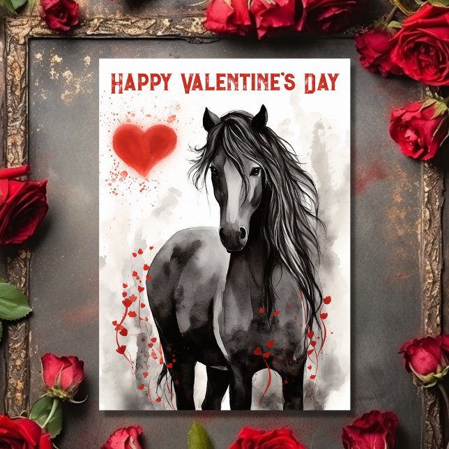 Söt Black Horse and Hearts Valentine Day Helgkort (Front - Pretty Black Horse and Hearts Valentine's Day Holiday Card)