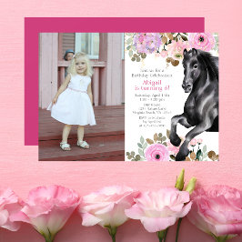 Söt Black Horse and Rosa Flowers Photo Birthday Inbjudningar