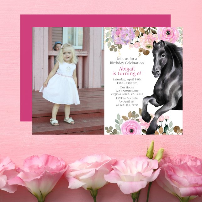 Söt Black Horse and Rosa Flowers Photo Birthday Inbjudningar (Skapare uppladdad)