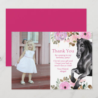 Söt Black Horse and Rosa Flowers Photo Birthday Tack Kort