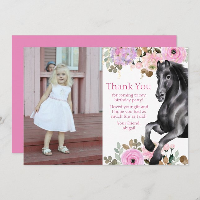 Söt Black Horse and Rosa Flowers Photo Birthday Tack Kort (Fram/baksida)