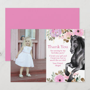 Söt Black Horse and Rosa Flowers Photo Birthday Tack Kort