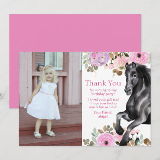 Söt Black Horse and Rosa Flowers Photo Birthday Tack Kort