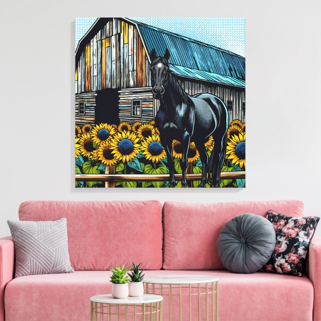 Söt Black Horse and Rustic Barn med solblommor Canvastryck (Insitu (Vardagsrum))