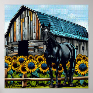 Söt Black Horse and Rustic Barn med solblommor Poster