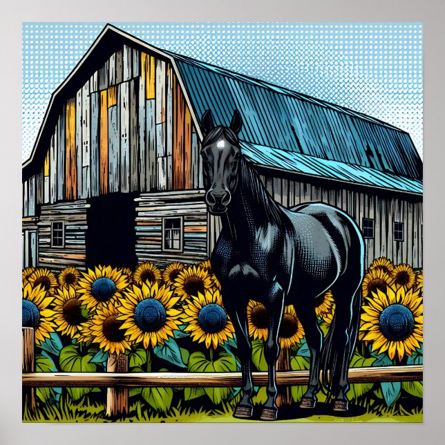 Söt Black Horse and Rustic Barn med solblommor Poster (Framsidan)