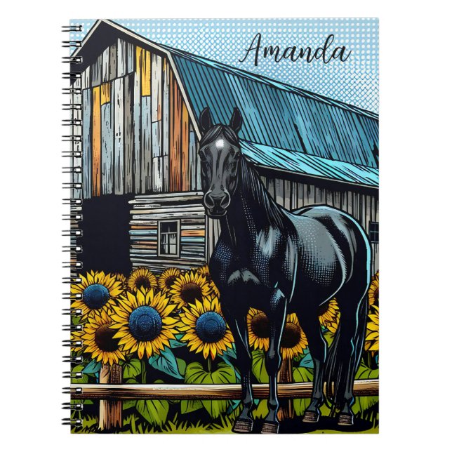 Söt Black Horse and Sunblommor Personlig Anteckningsbok (Framsidan)