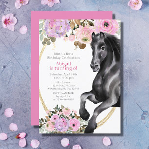 Söt Black Horse med Rosa Flowers Birthday Inbjudningar
