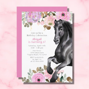 Söt Black Horse med Rosa Flowers Birthday Inbjudningar