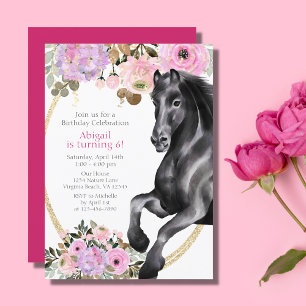 Söt Black Horse med Rosa Flowers Birthday Inbjudningar