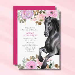 Söt Black Horse med Rosa Flowers Birthday Inbjudningar