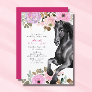 Söt Black Horse med Rosa Flowers Birthday Inbjudningar