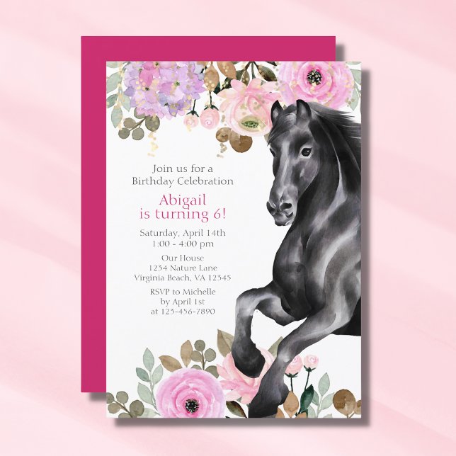 Söt Black Horse med Rosa Flowers Birthday Inbjudningar (Skapare uppladdad)