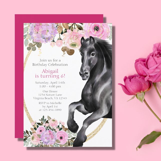 Söt Black Horse med Rosa Flowers Birthday Inbjudningar (Skapare uppladdad)