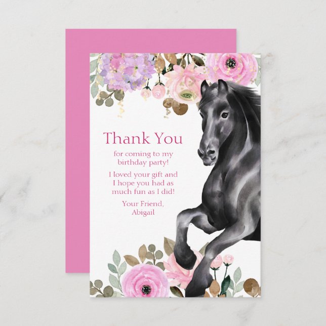 Söt Black Horse med Rosa Flowers Birthday Tack Kort (Fram/baksida)