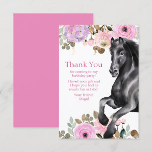 Söt Black Horse med Rosa Flowers Birthday Tack Kort