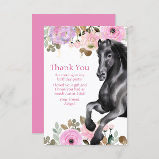 Söt Black Horse med Rosa Flowers Birthday Tack Kort