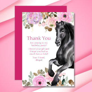 Söt Black Horse med Rosa Flowers Birthday Tack Kort