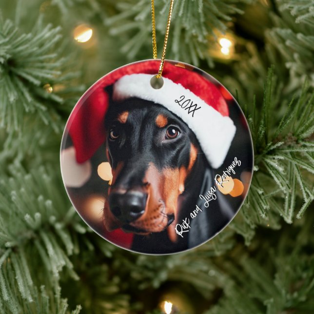 Söt Black och Tan Doberman med Santa Hat Julgransprydnad Keramik (Träd)