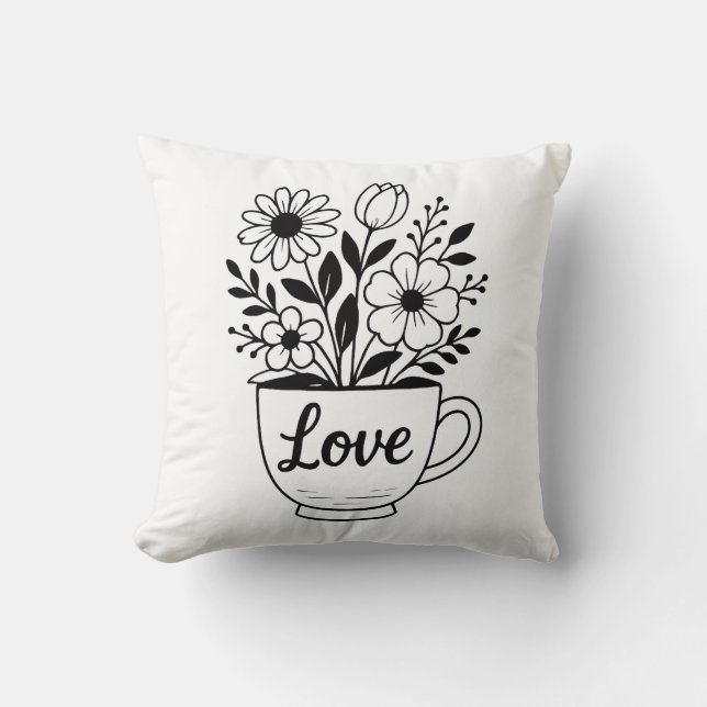 Söt Black Tea Kopp med blommor Kudde (Framsida)