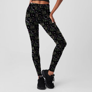 Söt Black Violet Ditsy Blommönster Girly Leggings