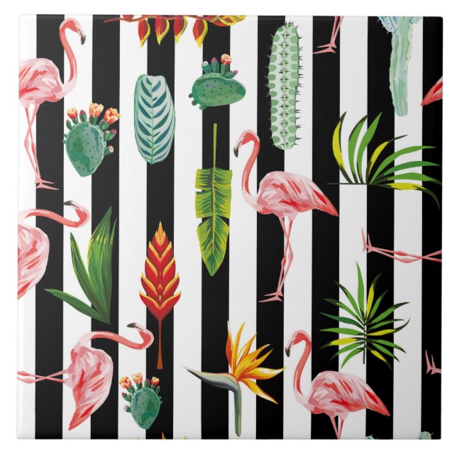 Söt Black White Rand med Flamingo Cactus Kakelplatta (Framsidan)