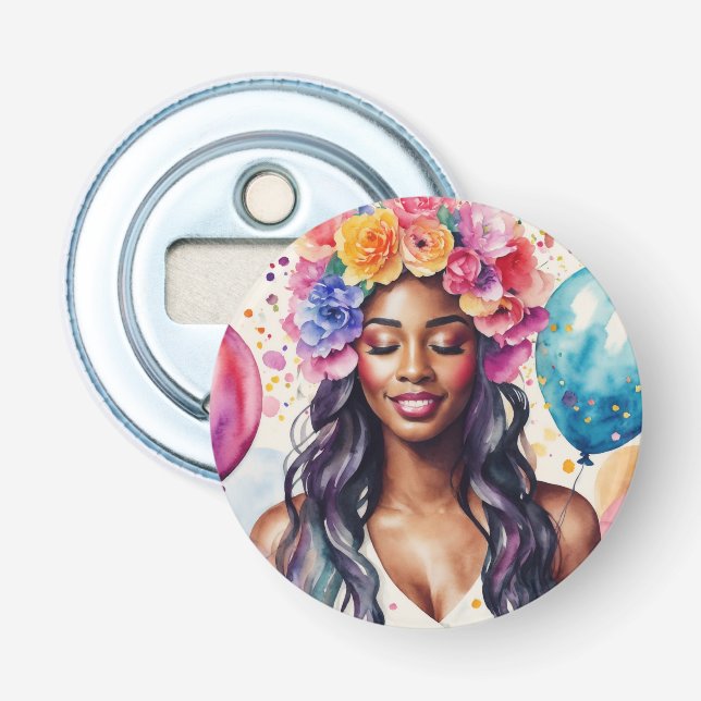 Söt Black Woman Colorful Balloons Party Flasköppnare (Framsidan)