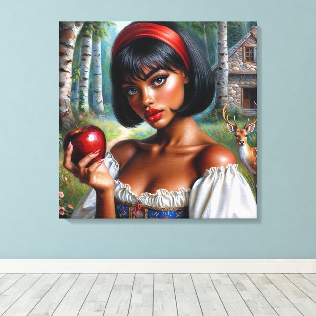 Söt Black Woman Holding Red Apple Canvastryck (Insitu (trägolv))