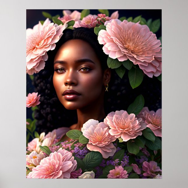 Söt Black Woman Rosa Flowers Digital Art Poster (Framsidan)