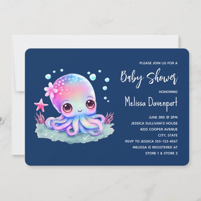 Söt bläckfisk havsdjur baby shower inbjudningar (Framsida)