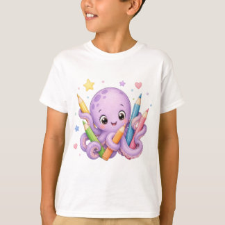 Söt bläckfisk som håller färgpennor t shirt