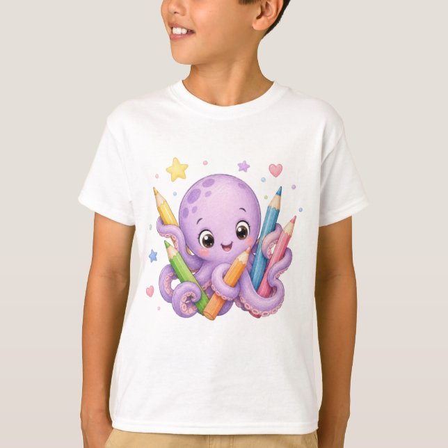 Söt bläckfisk som håller färgpennor t shirt (Framsida)