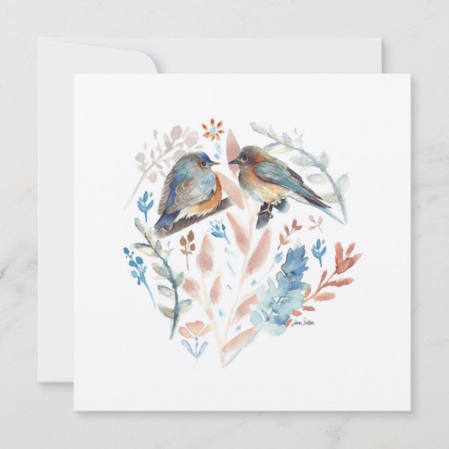 Söt blåfågelpar vattenfärg med Blommigt (Framsida)