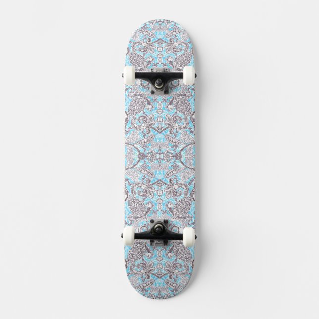 Söt blågrå klassisk blommig mini skateboard bräda 18,5 cm (Framsida)